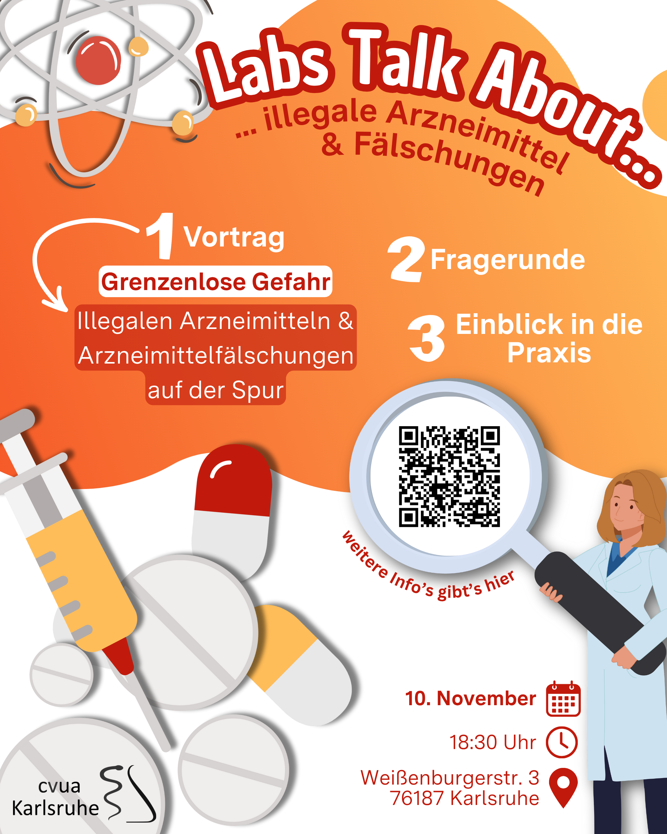 Die Abbildung zeigt das aktuelle Thema „Illegale Arzneimittel und Arzneimittelfälschungen“ der Veranstaltung „Labs Talk About“, den Termin und den Ablauf der Veranstaltung